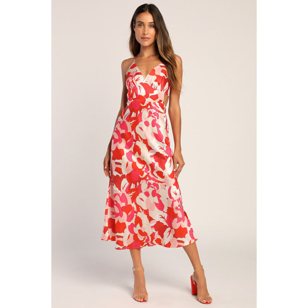 Lulus Coral Multi Floral Print Satin Midi Dress Pink - Size M